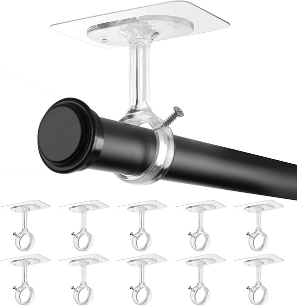 Ceiling Mount Curtain Rod Bracket, 6/10/16-Pack Self Adhesive Curtain Rod Holders No Drilling, Adjustable Curtain Rod Hanger Hooks Hold up to 1.2'' Dia Curtain Rods for Shower Closet